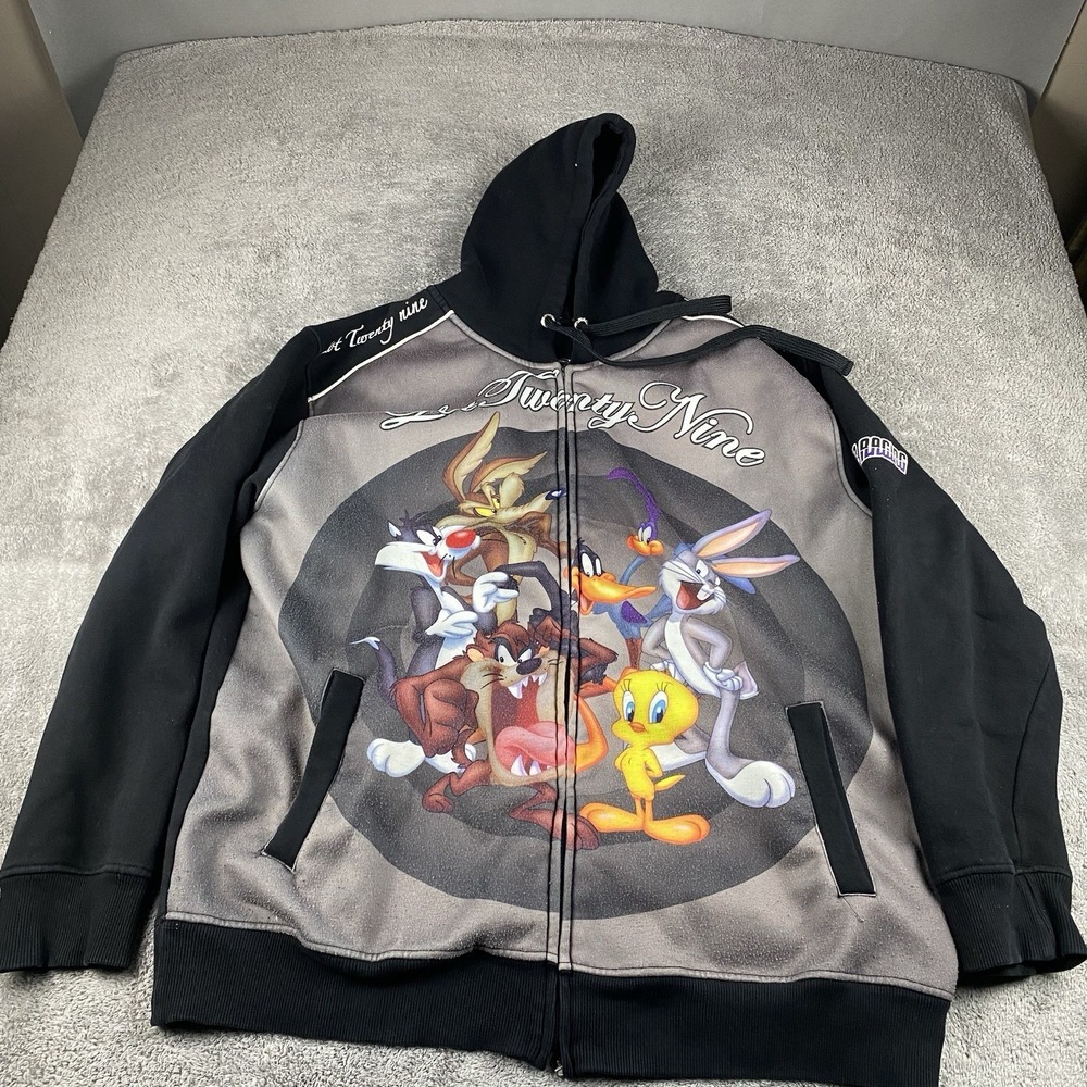 VTG Lot 29 Looney Tunes Print Full Zip Jacket Mens XL Black